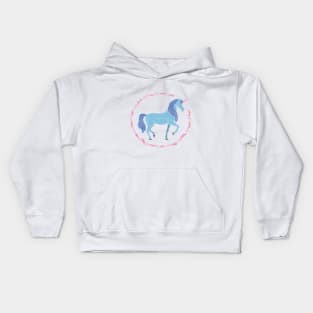 Blue unicorn in a pink floral wreath Kids Hoodie